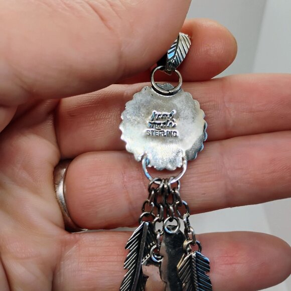 Southwest Green Turquoise Sterling Silver Feather Dangle Pendant Statement - Picture 9 of 9